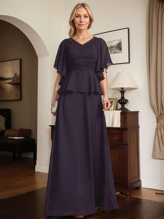 A-Linien-Kleid aus Chiffon mit V-Ausschnitt und bodenlangem Schnitt für die Brautmutter mit plissierten Perlen
