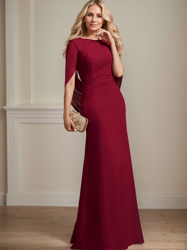 Vestido de madre de la novia de gasa con escote barco, corte trompeta/sirena, largo hasta el suelo, con pliegues