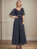 Vestido de gasa para madre de la novia con escote en V, largo hasta los tobillos, corte A y lentejuelas plisadas con cuentas