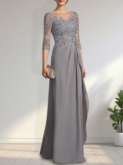 Vestido de gasa para madre de la novia con encaje, corte A, escote redondo, ilusión, largo hasta el suelo, con lentejuelas y abalorios y volantes en cascada