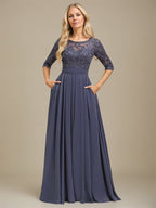 Vestido de madre de la novia de gasa con encaje, corte A, largo hasta el suelo y apliques de lentejuelas