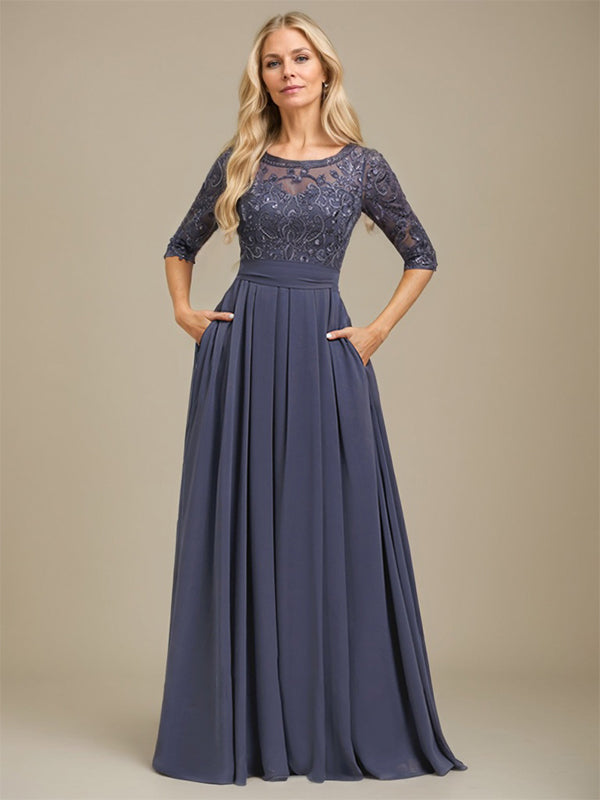 Vestido de madre de la novia de gasa con encaje, corte A, largo hasta el suelo y apliques de lentejuelas