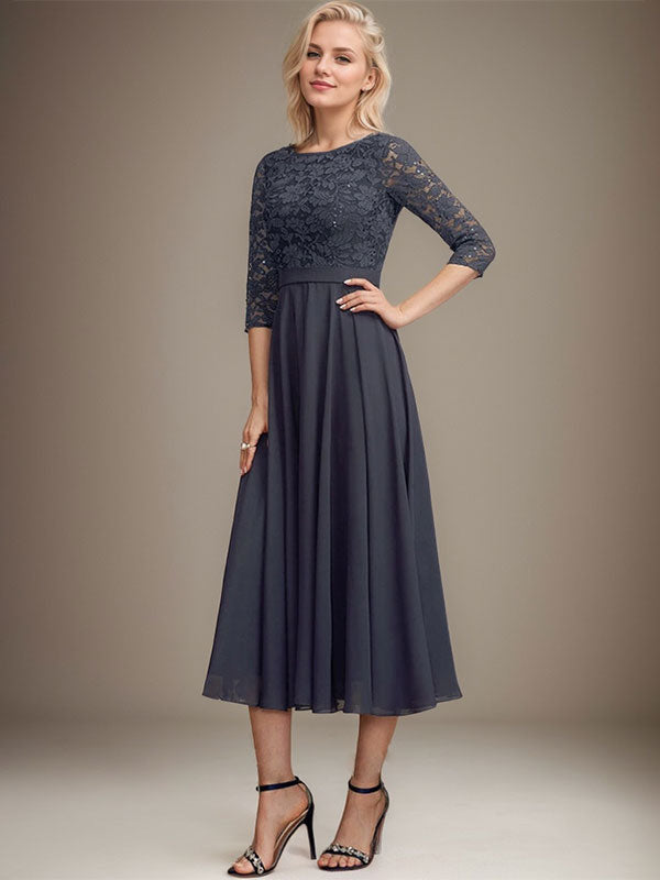 Vestido de gasa con encaje y lentejuelas para madre de la novia, corte A, escote redondo y largo hasta la rodilla