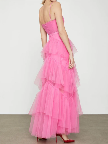 Elegante, rückenfreie, mehrlagige, pinkfarbene Tüll-Abendkleider, formelle Abschluss-Abendkleider aus pinkfarbenem Tüll Y2114