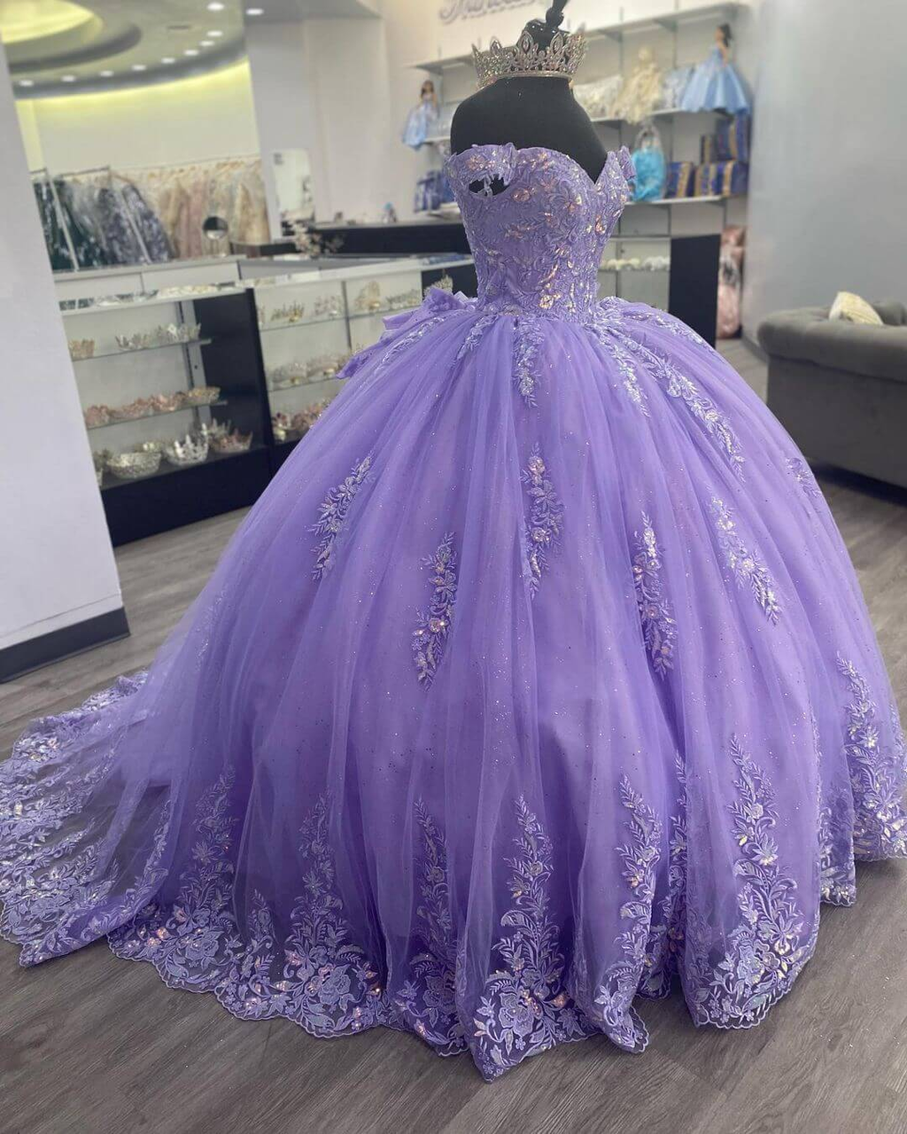Lila Korsett mexikanisches Quinceanera-Kleid Ballkleid, Applikationen Spitze Geburtstagskleid Y1476