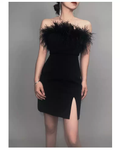 Vestido de fiesta de cóctel ajustado con plumas y hombros descubiertos para mujer, vestido negro corto de bienvenida Y1356