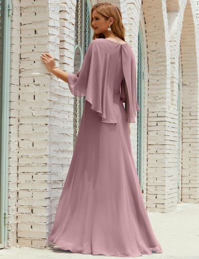 Vestido de dama de honor Sunnderly para mujer, de gasa, manga larga y cuello en V, vestido formal para boda o fiesta SY28018 