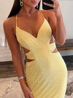 Glint | Vestidos de fiesta largos con lentejuelas amarillas, escote en V y corte sirena brillante
