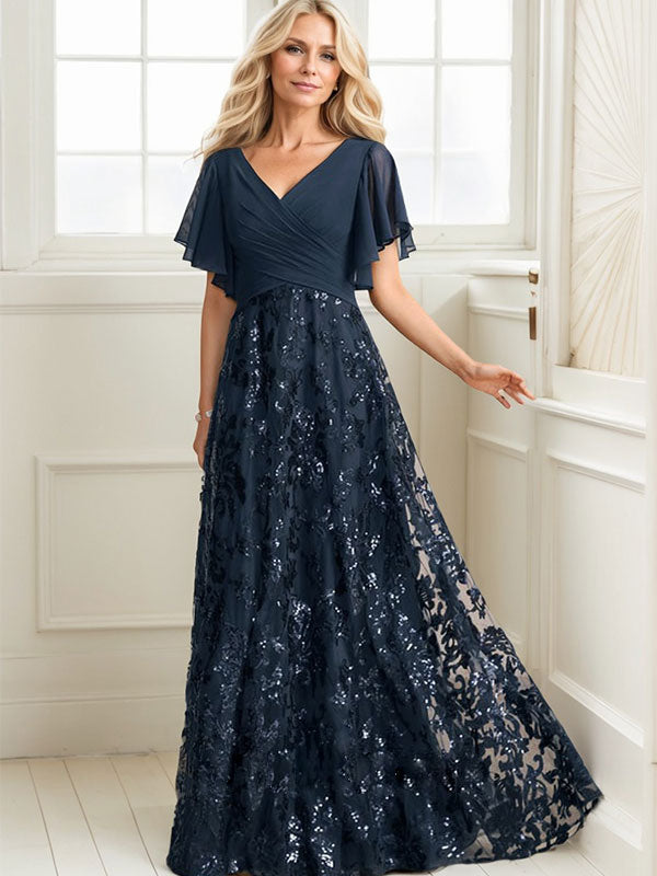 Vestido de madre de la novia de gasa con lentejuelas, encaje, escote en V y largo hasta el suelo, con pliegues