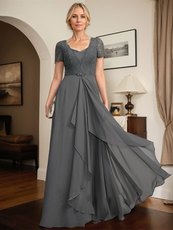 Vestido de madre de la novia de gasa con encaje, corte en A, escote corazón, largo hasta el suelo, con volantes en cascada y cuentas