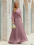 Vestido de dama de honor Sunnderly para mujer, de gasa, manga larga y cuello en V, vestido formal para boda o fiesta SY28018 