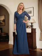 Vestido de madre de la novia de gasa con encaje, escote en V, ilusión, largo hasta el suelo, con lentejuelas plisadas