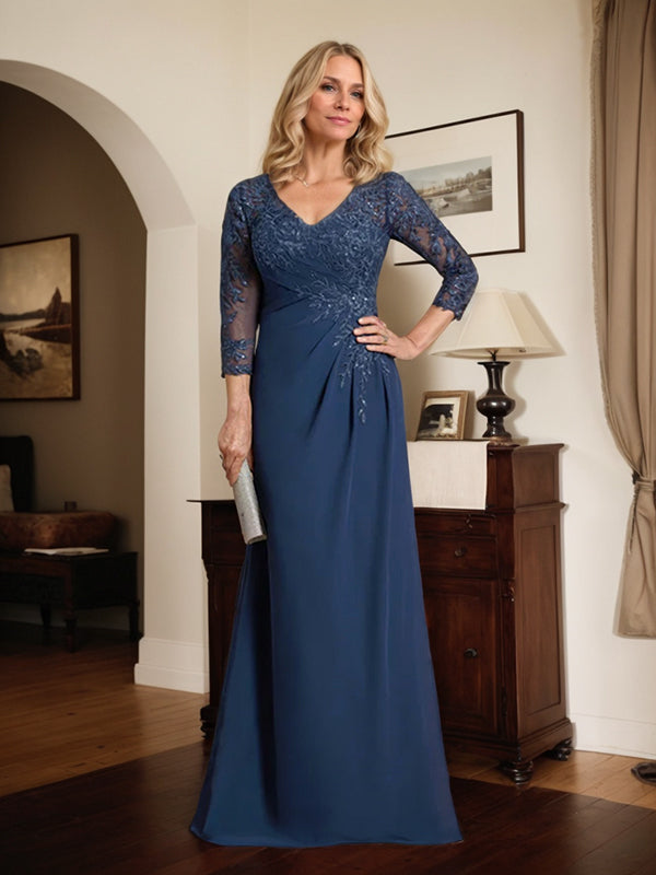 Vestido de madre de la novia de gasa con encaje, escote en V, ilusión, largo hasta el suelo, con lentejuelas plisadas