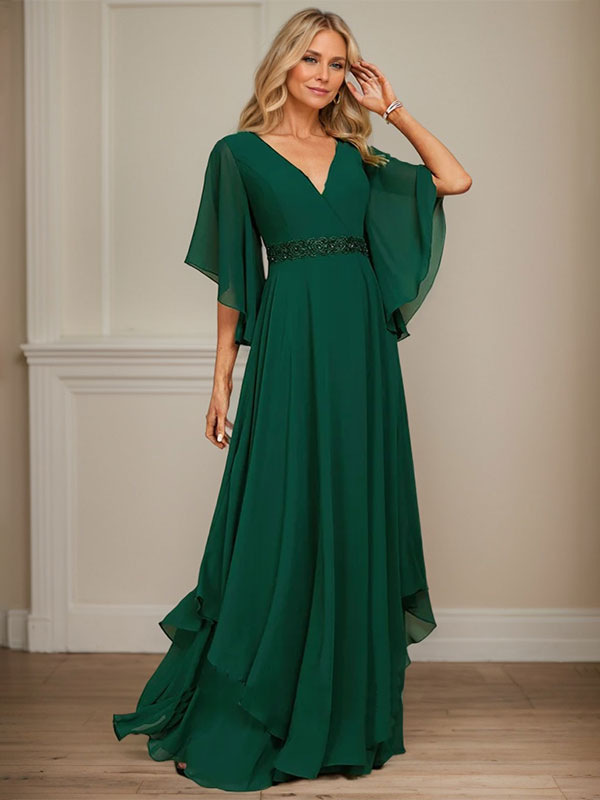 Vestido de gasa para madre de la novia, corte A, escote en V, largo hasta el suelo, con apliques de lentejuelas, encaje y abalorios