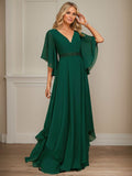 Vestido de gasa para madre de la novia, corte A, escote en V, largo hasta el suelo, con apliques de lentejuelas, encaje y abalorios