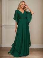 Vestido de gasa para madre de la novia, corte A, escote en V, largo hasta el suelo, con apliques de lentejuelas, encaje y abalorios