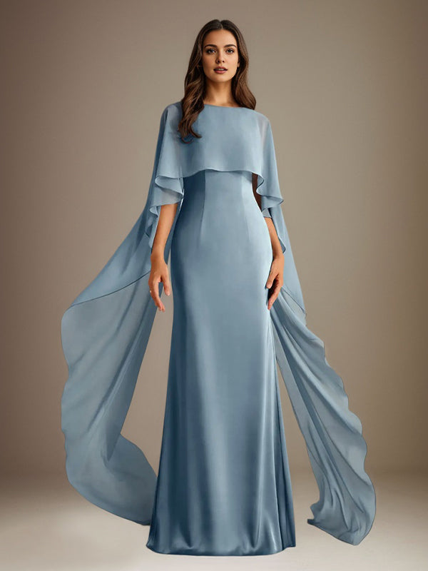 Vestido de gasa para madre de la novia, largo hasta el suelo, con escote barco y corte tubo/columna y volantes en cascada