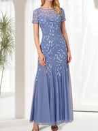 Vestido largo de sirena azul con cuello redondo para madre de la novia con cuentas