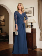 Vestido de madre de la novia de gasa con encaje, escote en V, ilusión, largo hasta el suelo, con lentejuelas plisadas