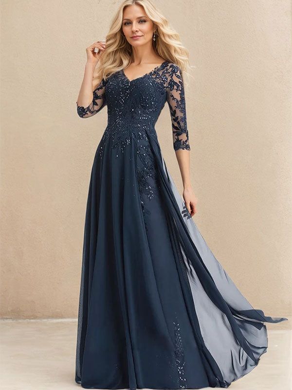 Vestido de madre de la novia de gasa con encaje, escote en V y lentejuelas, largo hasta el suelo