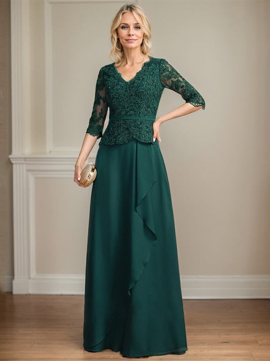 A-Linie V-Ausschnitt Bodenlanges Spitzen-Chiffon-Kleid für die Brautmutter mit kaskadierenden Rüschen und Pailletten 