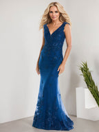 Vestido de novia de gasa con encaje, escote en V y largo hasta el suelo, con apliques de lentejuelas, estilo sirena