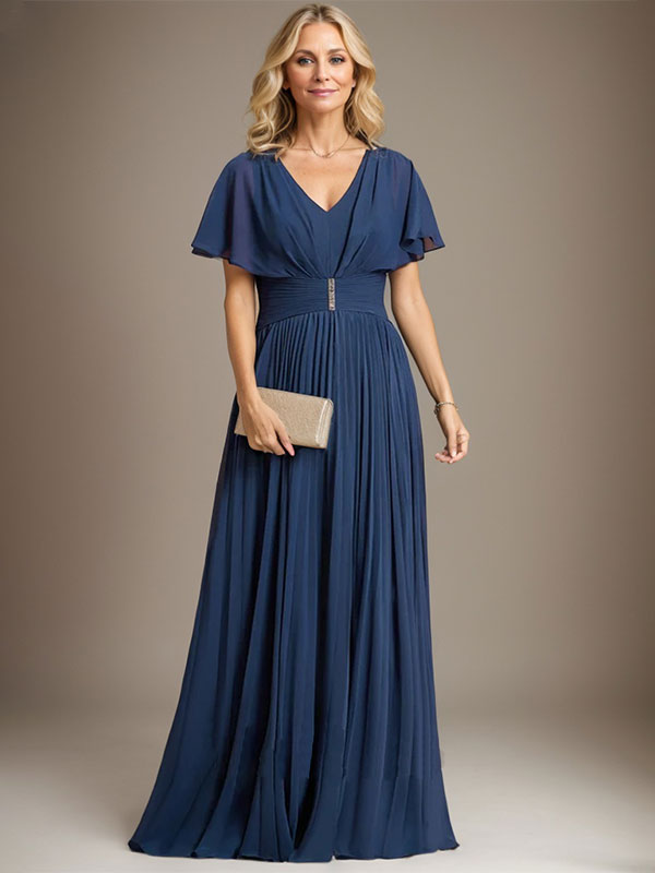 Vestido de gasa para madre de la novia, corte A, escote en V, largo hasta el suelo, con broche de cristal y plisado