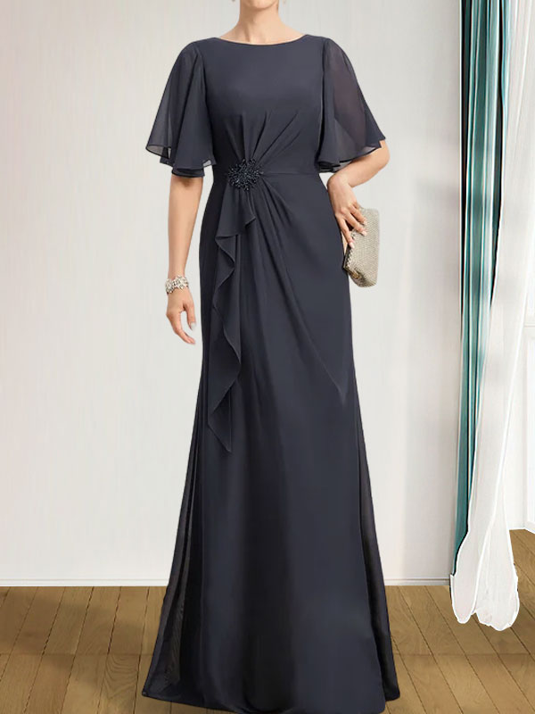 Vestido de gasa para madre de la novia, corte A, escote redondo, largo hasta el suelo, con volantes en cascada, cuentas y lentejuelas