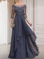 Vestido de gasa con encaje, corte A, escote ilusión, largo hasta el suelo, para madre de la novia con volantes en cascada