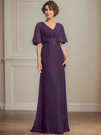 Vestido de gasa para madre de la novia, corte A, escote en V, largo hasta el suelo, con apliques de lentejuelas plisadas y encaje
