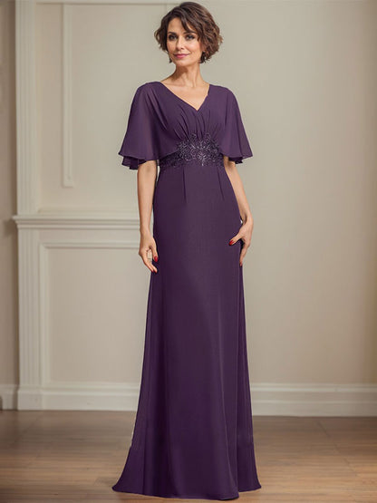 A-Linie V-Ausschnitt Bodenlanges Chiffonkleid für die Brautmutter mit plissierten Paillettenapplikationen Spitze