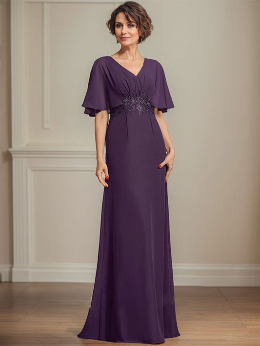 A-Linie V-Ausschnitt Bodenlanges Chiffonkleid für die Brautmutter mit plissierten Paillettenapplikationen Spitze