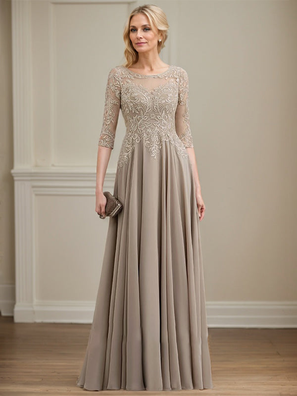 Vestido de gasa con encaje y lentejuelas para madre de la novia, corte A, escote ilusión, largo hasta el suelo