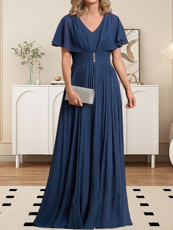 Vestido de gasa para madre de la novia, corte A, escote en V, largo hasta el suelo, con broche de cristal y plisado