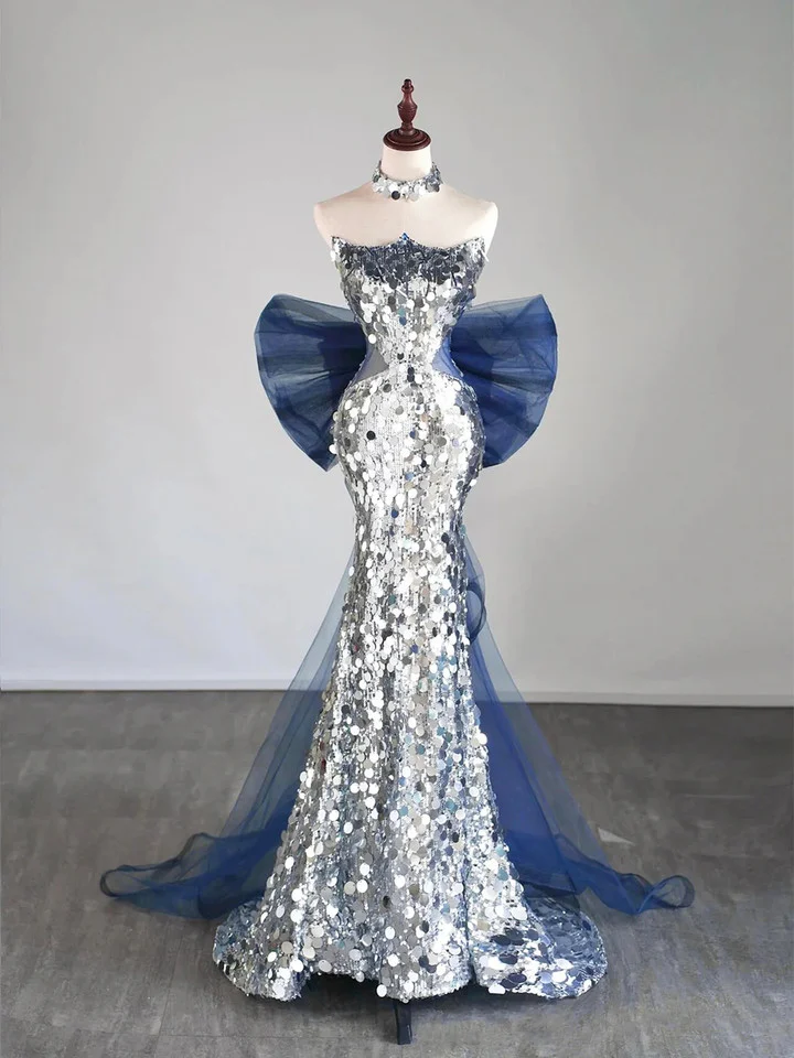 Glitzer Silber Pailletten Meerjungfrau Abendkleid Langes Ballkleid mit Schleife Y7746