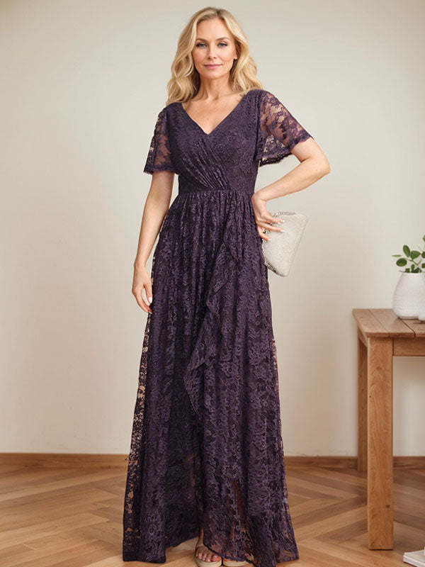 Vestido de madre de la novia de encaje asimétrico con escote en V y volantes en cascada