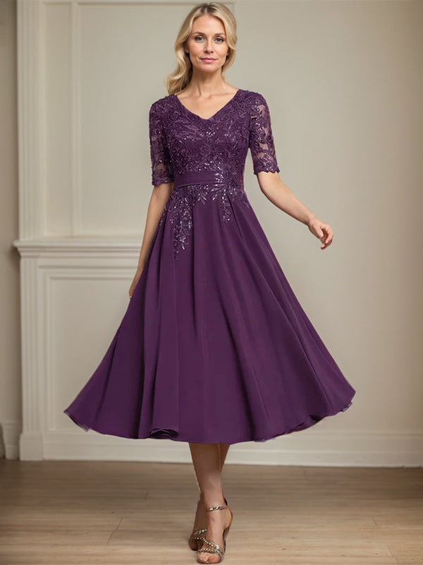 Vestido de gasa con encaje y lentejuelas para madre de la novia, corte A, escote en V y largo hasta la rodilla