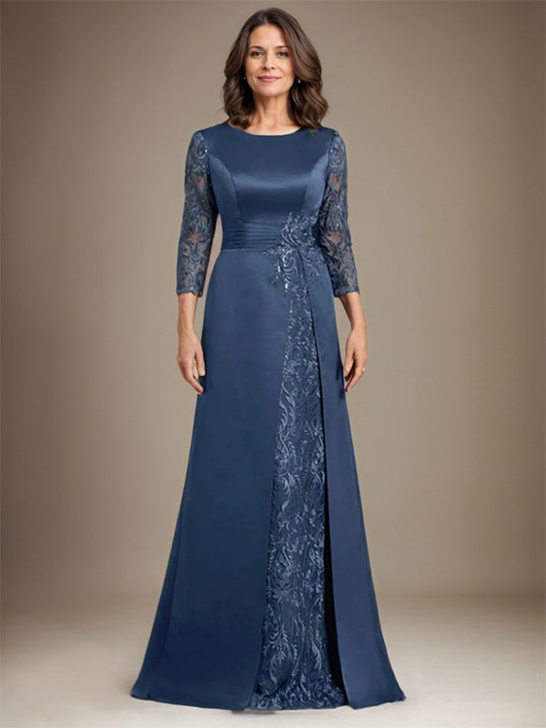 Vestido de madre de la novia de satén con encaje, corte A, largo hasta el suelo y apliques