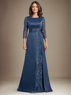 Vestido de madre de la novia de satén con encaje, corte A, largo hasta el suelo y apliques