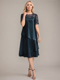 Vestido de madre de la novia con corte en A, escote redondo y largo hasta la rodilla, con apliques y lentejuelas