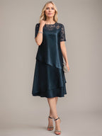 Vestido de madre de la novia con corte en A, escote redondo y largo hasta la rodilla, con apliques y lentejuelas