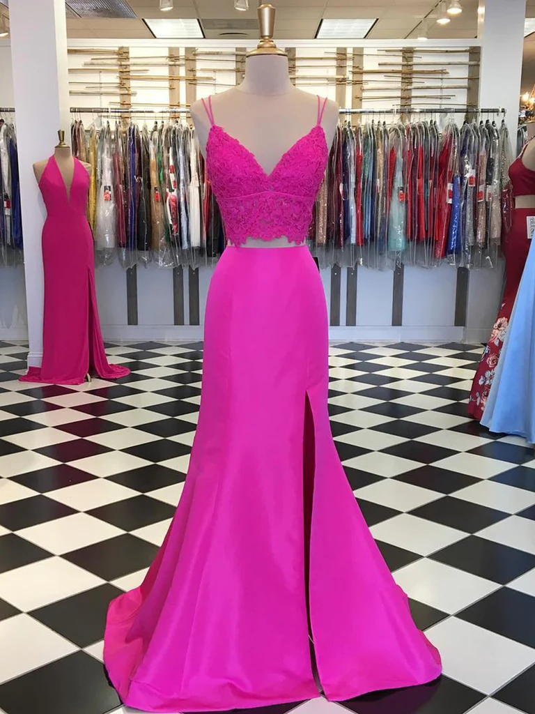 Vestido de fiesta largo de satén con escote en V y abertura, corte sirena, fucsia, de dos piezas, con encaje y parte superior de encaje, vestido formal de noche para graduación Y1026