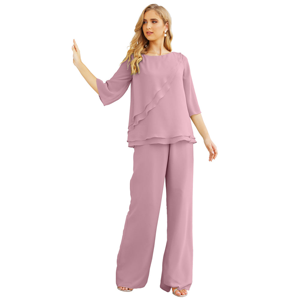 Sunnderly Chiffon Mother of The Bride Dress Plus Size Pant Suits Ruffle Layers