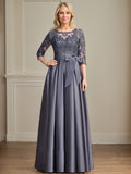 Vestido de madre de la novia de satén con encaje, corte A, escote ilusión, largo hasta el suelo, con lazo de lentejuelas