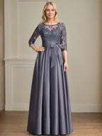 Vestido de madre de la novia de satén con encaje, corte A, escote ilusión, largo hasta el suelo, con lazo de lentejuelas