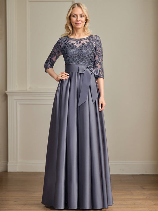 Vestido de madre de la novia de satén con encaje, corte A, escote ilusión, largo hasta el suelo, con lazo de lentejuelas