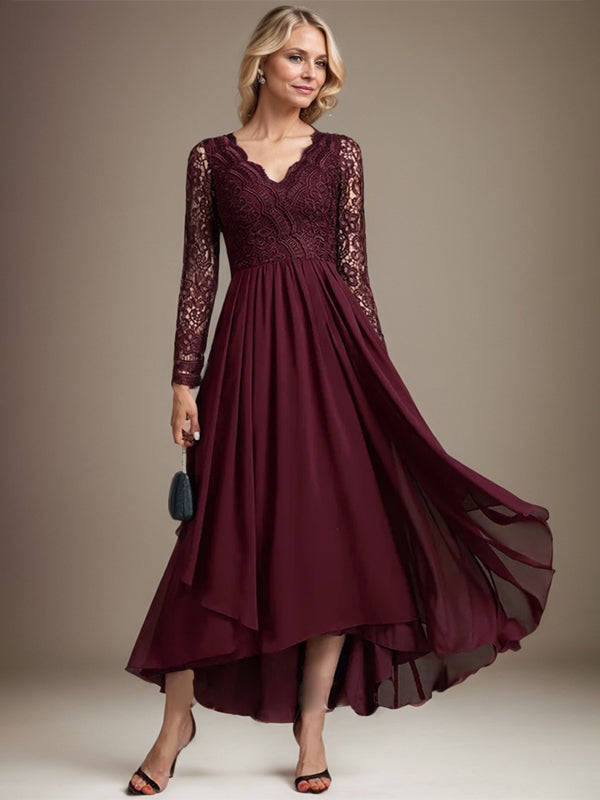 Vestido de madre de la novia de gasa con encaje asimétrico, escote en V y corte A