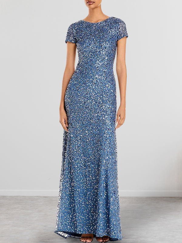 Vestido largo de madre de la novia con escote redondo y lentejuelas en azul polvoriento