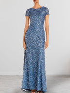 Vestido largo de madre de la novia con escote redondo y lentejuelas en azul polvoriento