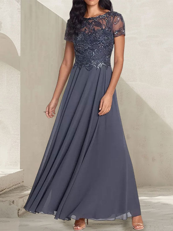 Vestido largo de madre de la novia con escote redondo, corte A, color gris carbón y cuentas